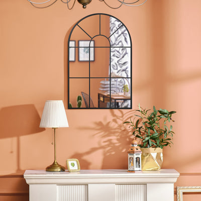 Miroir mural arqué 91 x 60 cm, miroir verrière arche style industriel, miroir de fenêtre arqué avec cadre métallique, pour salon, chambre, couloir, noir