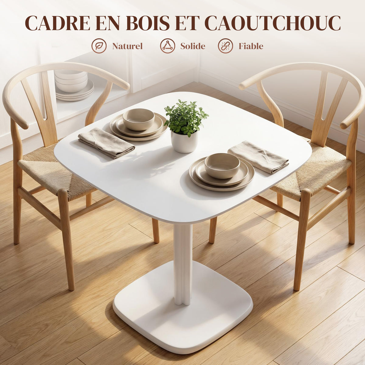 Table à manger pour 4 personne table de cuisine carrée style moderne avec plateau aspect bois, 70 x 70 cm, blanc