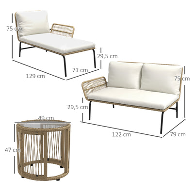 Salon de jardin extérieur d'angle 3 places en résine tressée avec canapés, chaise longue, table basse et coussins, crème