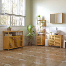 Buffet meuble de rangement 3 portes ajourées et étagères en bambou 100 x 35 x 82 cm naturel