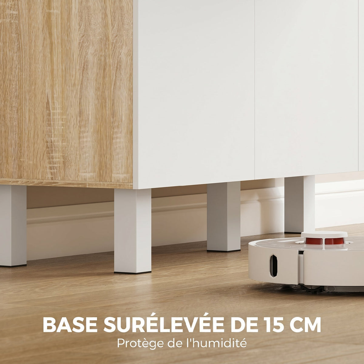 Buffet haut cuisine, armoire de cuisine, 6 portes, tiroir et étagères ouvertes, 120x40x175cm, blanc et bois naturel