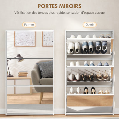 Meuble à chaussures 9 paires, armoire à chaussures étroite, 3 tiroirs rabattables et portes miroirs, 65x17x114,5cm blanc