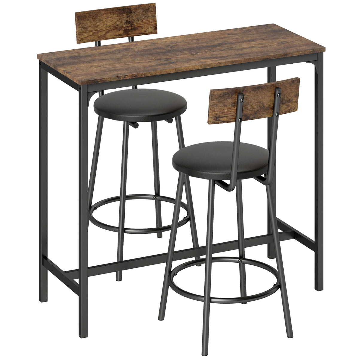 Ensemble Table de Bar avec 2 Tabourets, Table Haute de Cuisine et 2 Chaises de Bar Rembourrées PU, Repose-Pieds, Marron Aosom