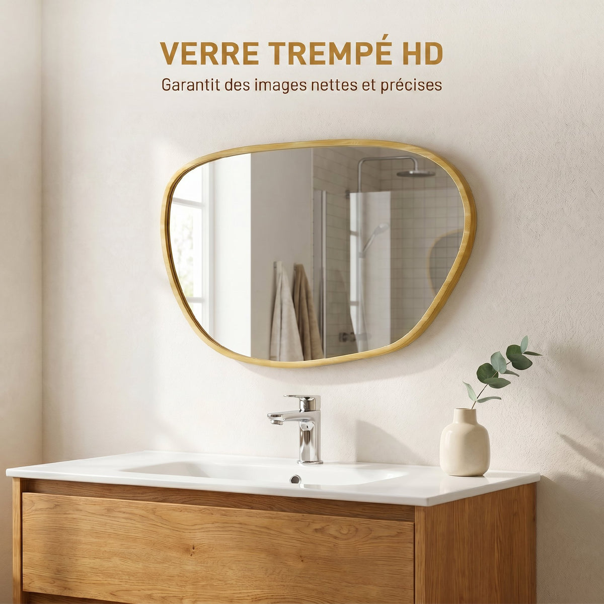 Miroir mural, miroir décoratif asymétrique 90x60cm en verre trempé pour salle de bain, chambre, salon, couloir, naturel
