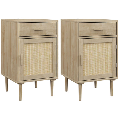Lot de 2 tables de chevet avec placard et étagère porte rotin tissé 1 tiroir design bohème - 40 x 40 x 68,5 cm naturel