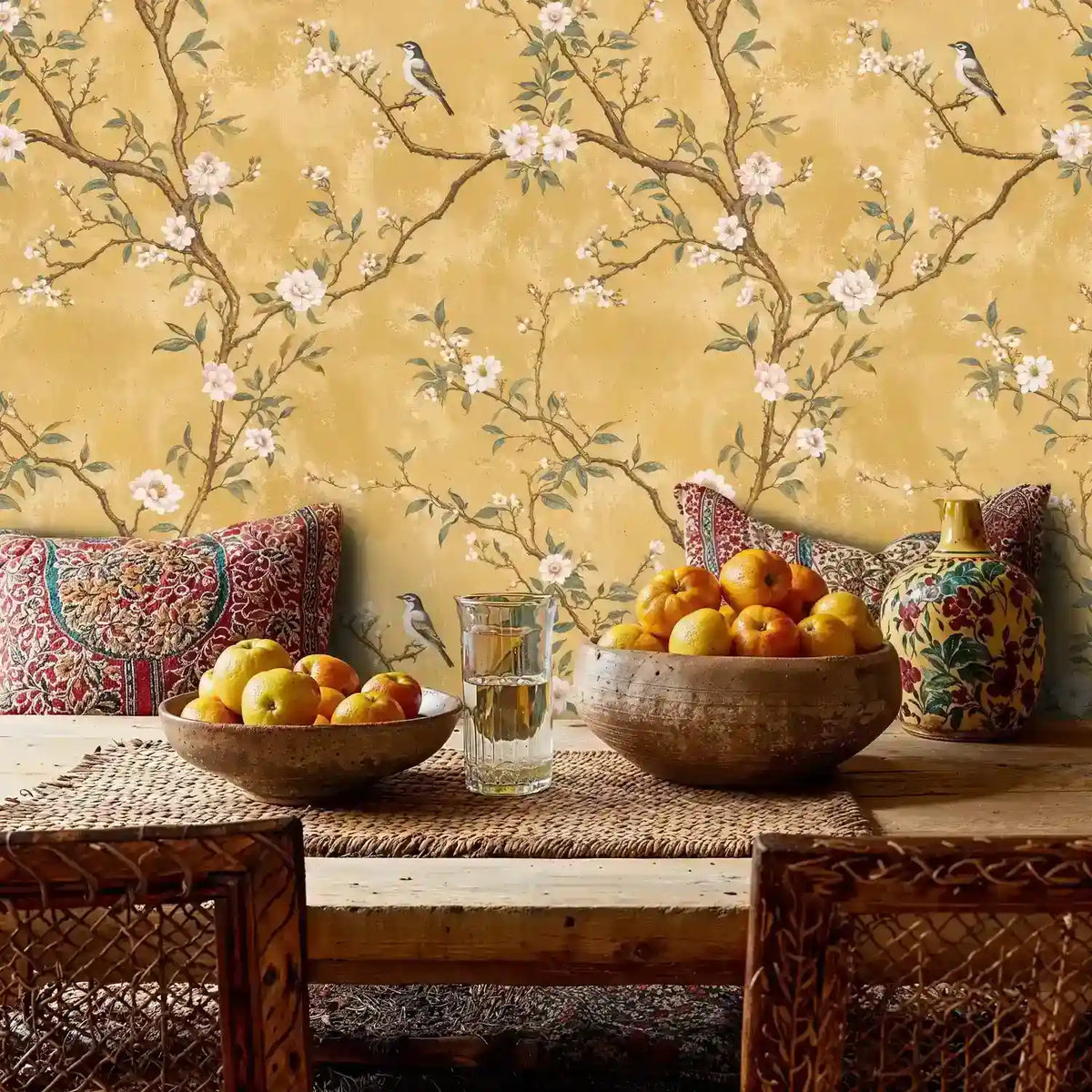 Chinoiserie Songbirds on Blossom Branches Wallpaper