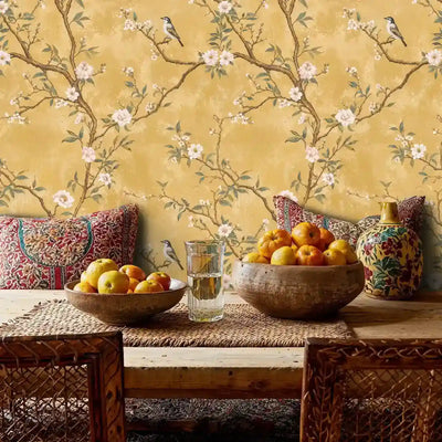 Chinoiserie Songbirds on Blossom Branches Wallpaper
