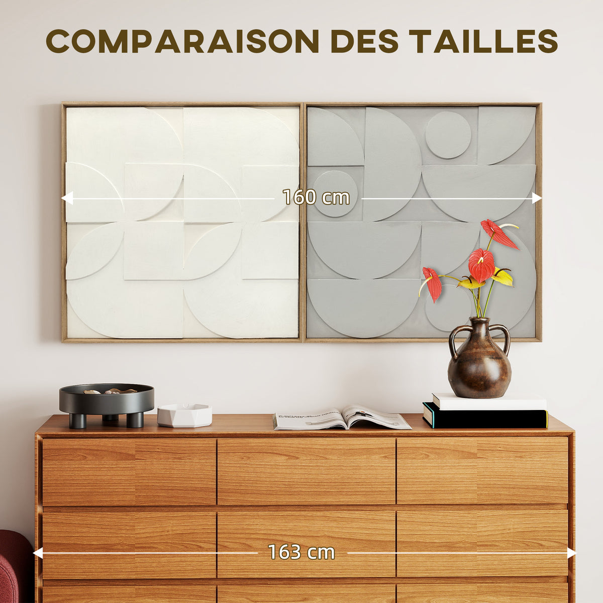 Lot de 2 tableaux abstraits 3D, décoration murale en bois géométrique, pour salon, chambre, bureau, 80 x 80 cm, blanc