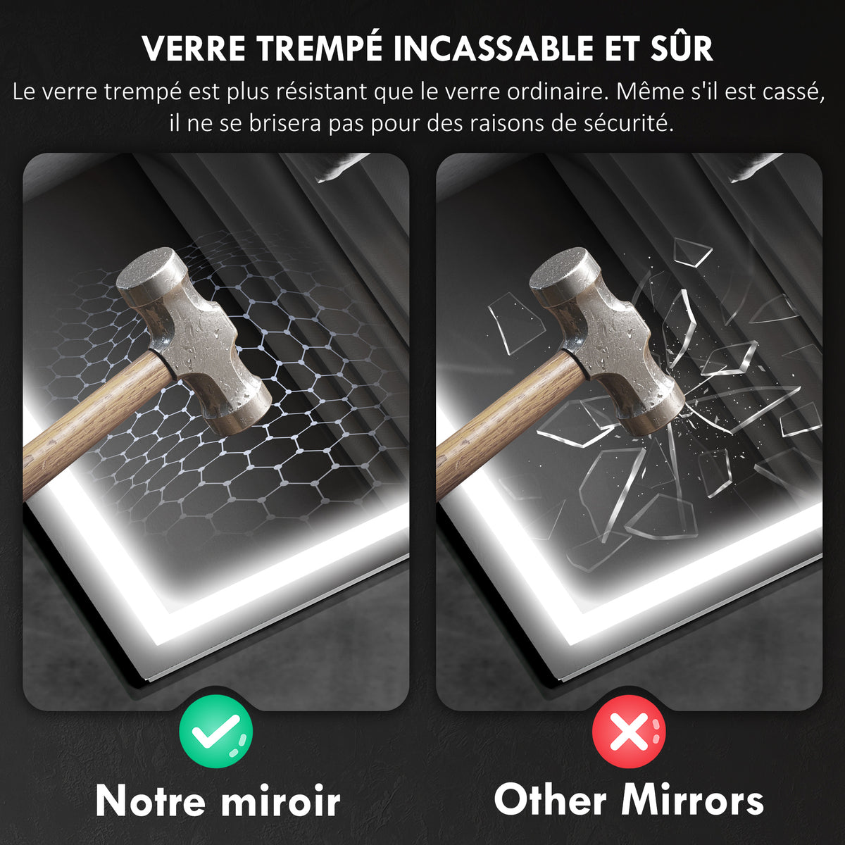 Miroir salle de bain LED bluetooth 80 x 100 cm interrupteur tactile lumière réglable 3 couleurs anti-buée mémoire argent Aosom