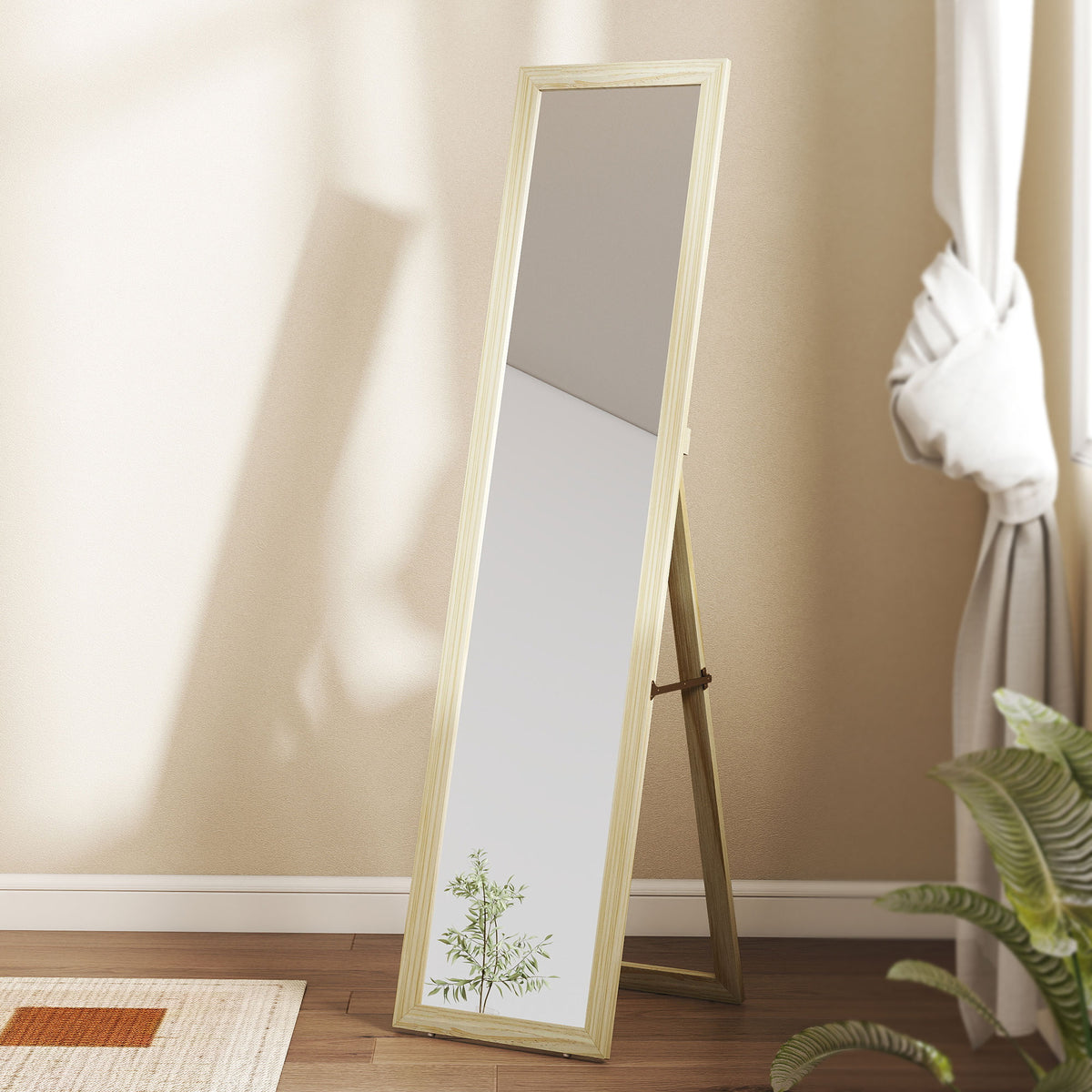 Miroir sur Pied et Mural rectangulaire miroir de sol Pleine Longueur Dressing Chambre salon 37x37x154cm bois naturel