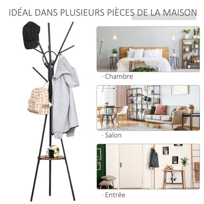 Porte-manteau trépied design contemporain branches étagère + 9 patères dim. 45L x 45l x 180H cm métal marron