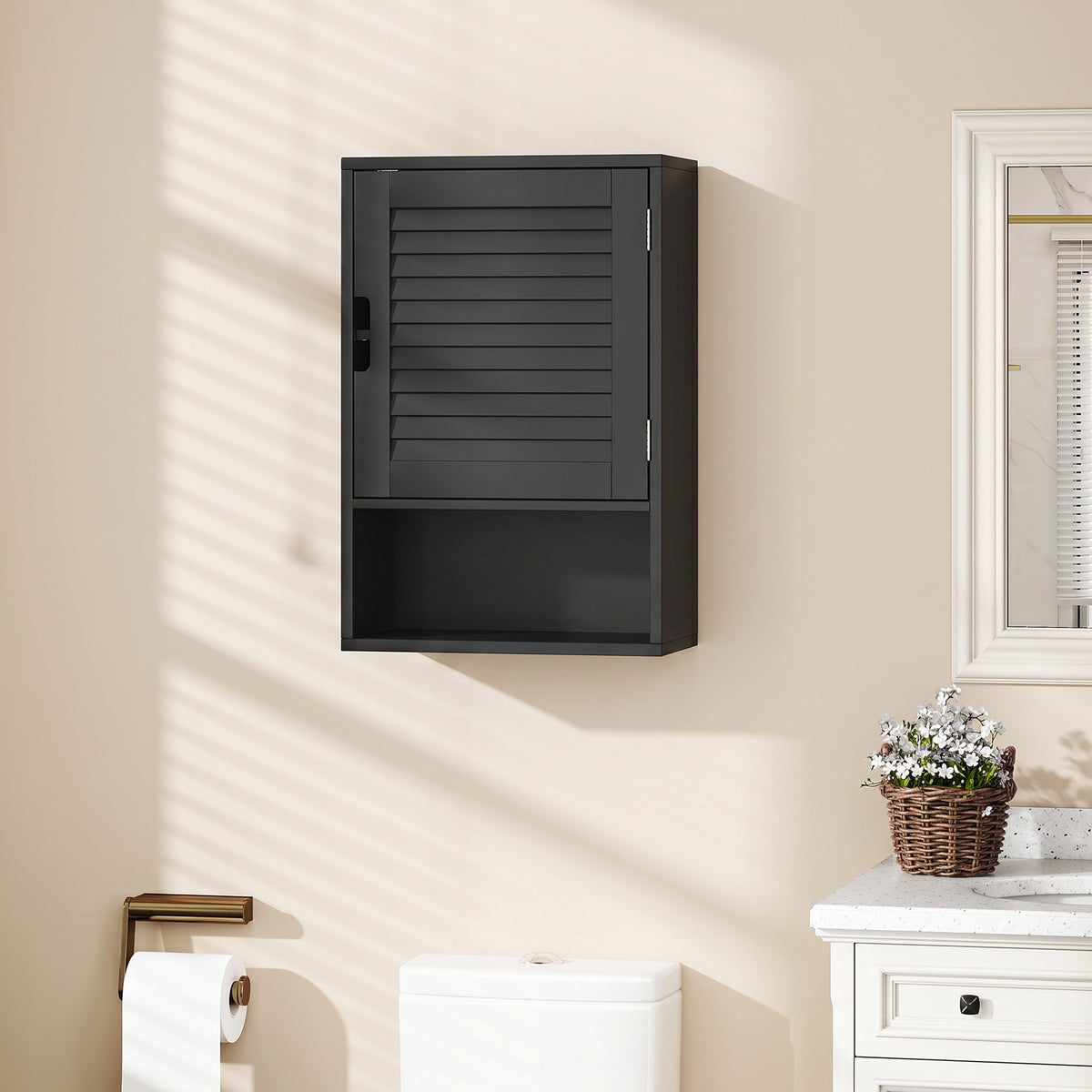 Armoire murale de salle de bain avec porte à lattes, étagère réglable et compartiment ouvert, 40x20x60cm, noir Aosom