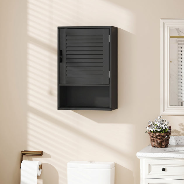 Armoire murale de salle de bain avec porte à lattes, étagère réglable et compartiment ouvert, 40x20x60cm, noir Aosom
