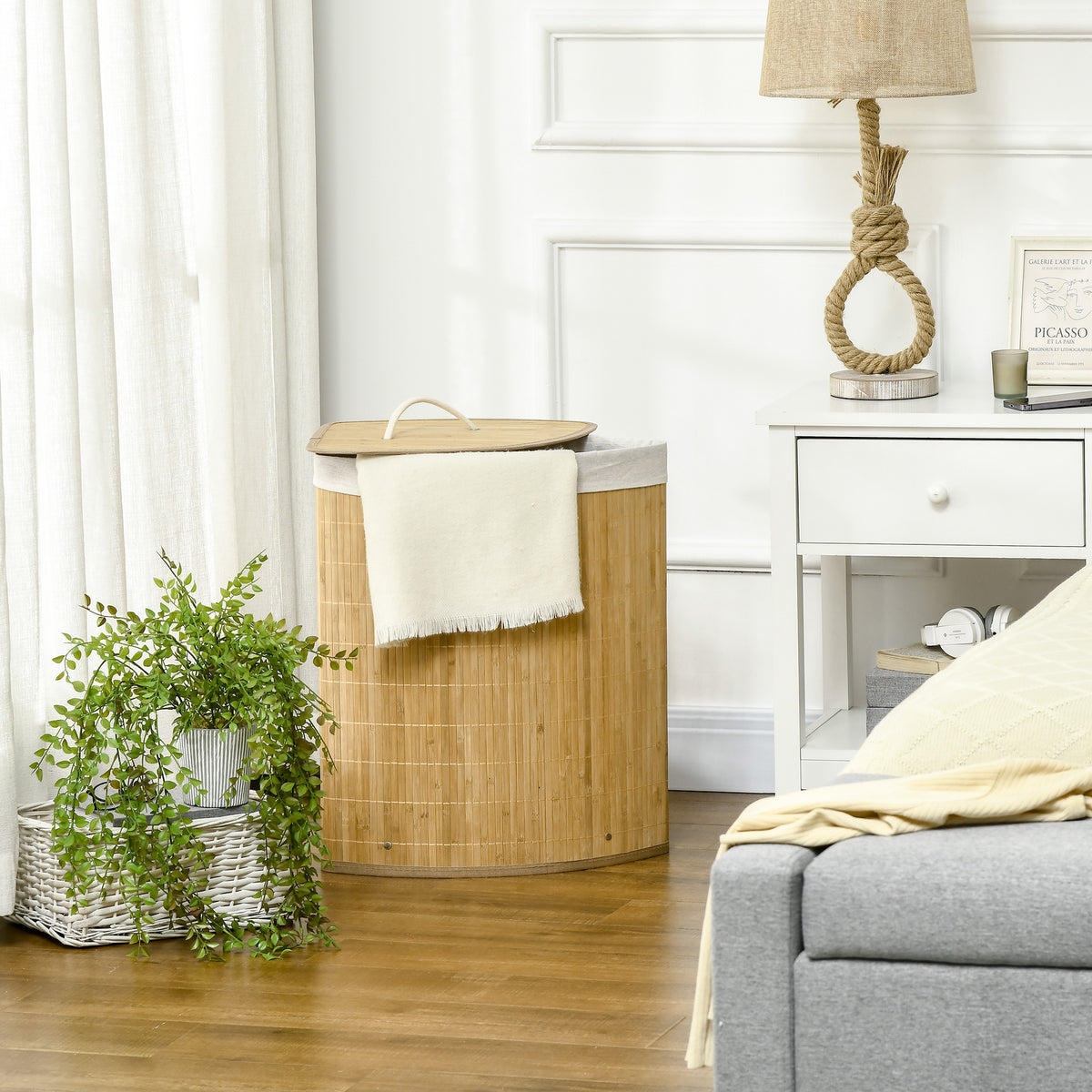 Panier à linge en bambou d'angle 55L avec couvercle et sac amovible 38 x 38 x 57 cm bois naturel