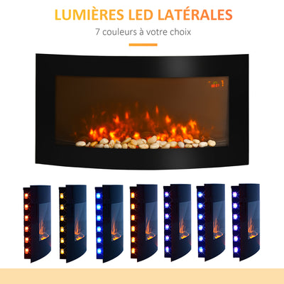 Cheminée électrique Murale éclairages latéraux LED Design Avant-gardiste Affichage LED avec télécommande et minuterie 1000/2000 W luminosité réglable Noir