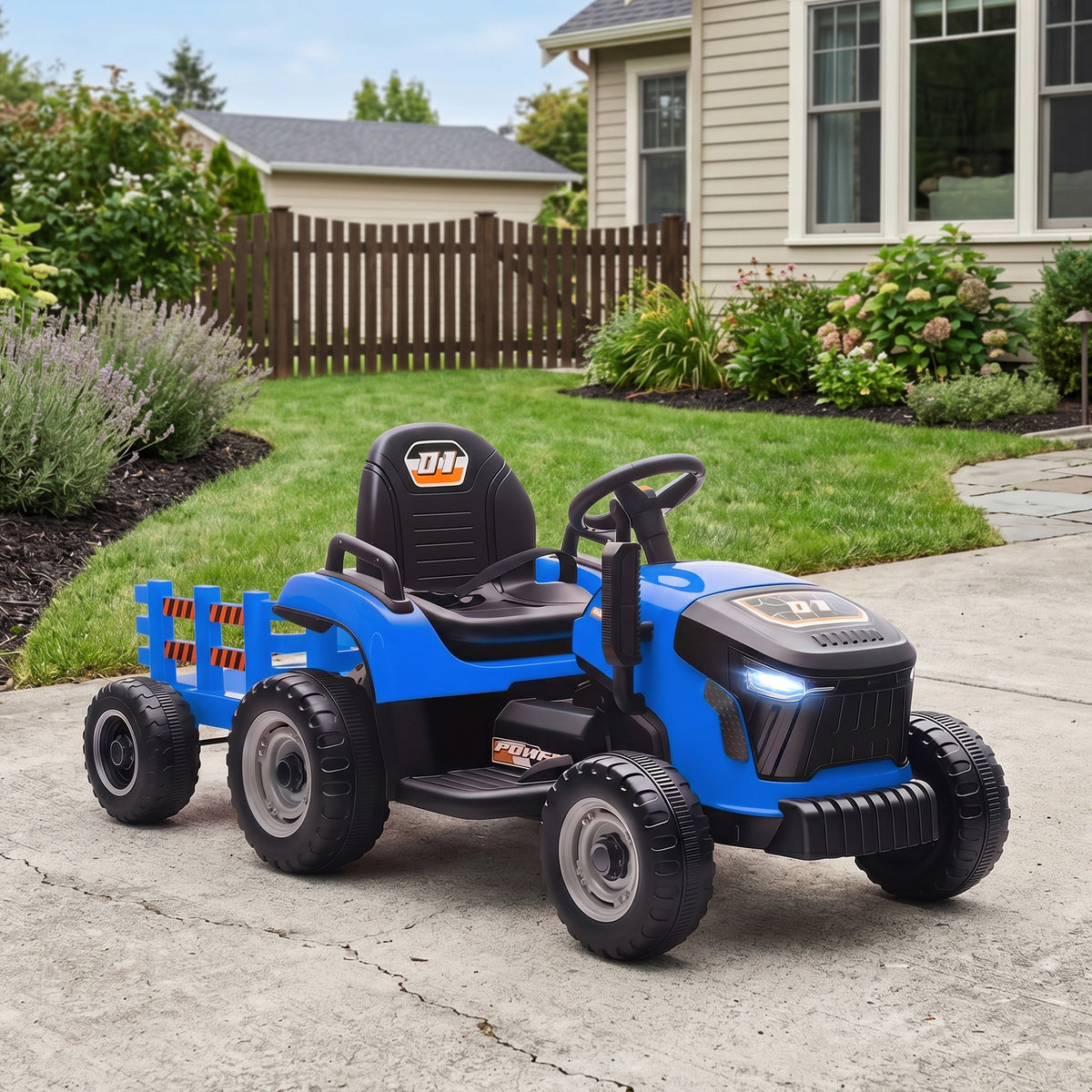 Tracteur électrique enfants avec remorque amovible, voiture électrique enfants, télécommande 2,4G, 139x58x55cm, bleu
