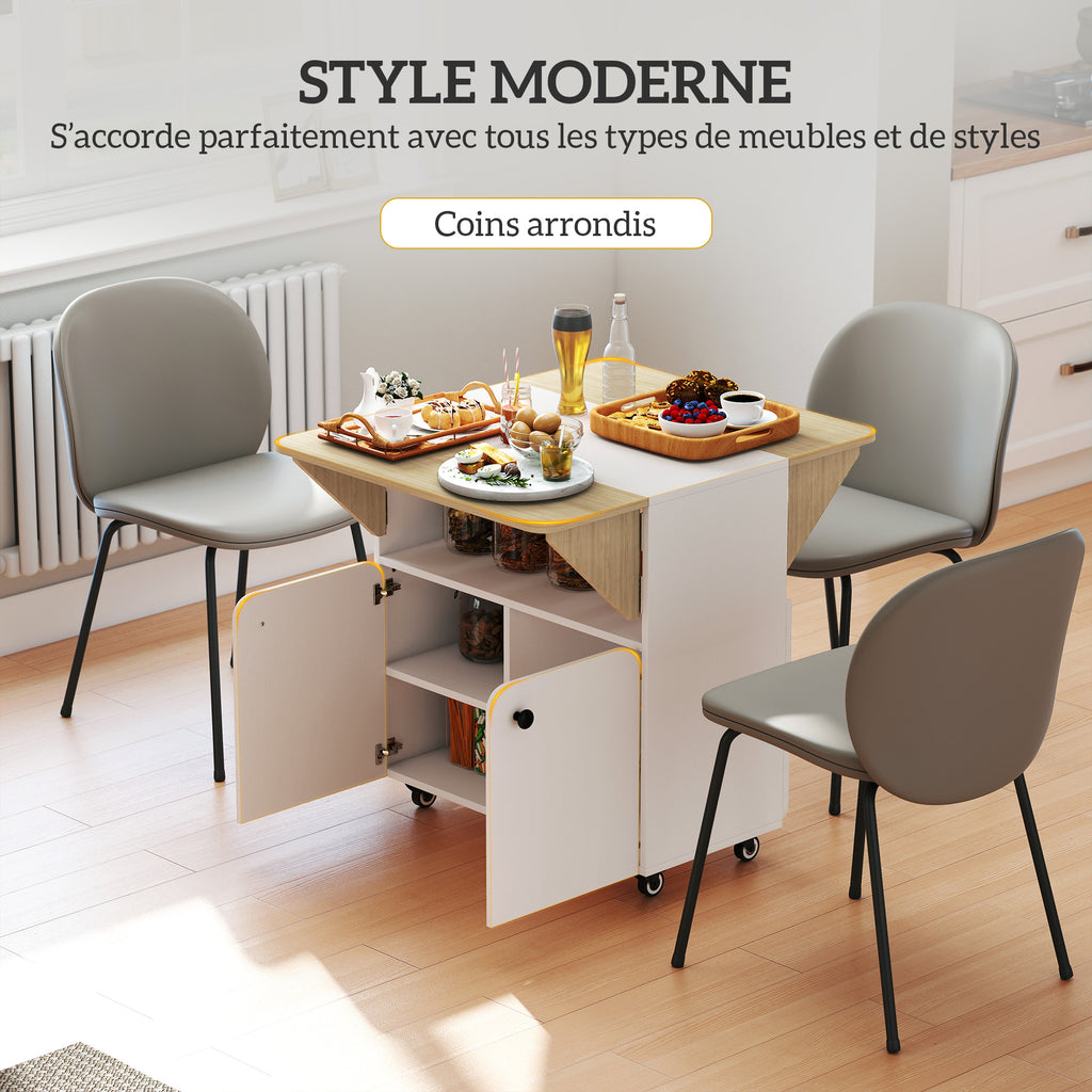 Table à manger pliante sur roulettes, table de cuisine 4 personnes, 2 abattants, étagère, placard, 70x83x75cm, blanc