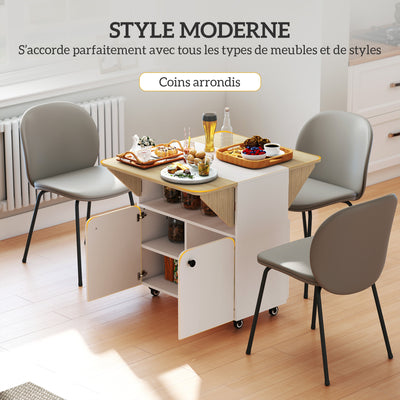 Table à manger pliante sur roulettes, table de cuisine 4 personnes, 2 abattants, étagère, placard, 70x83x75cm, blanc