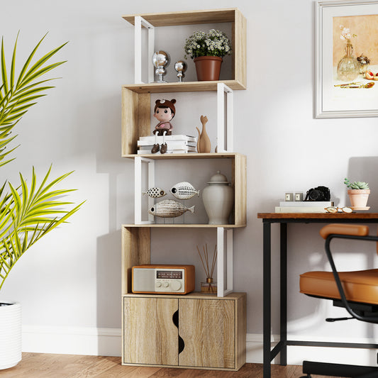 Bibliothèque à 5 niveaux, meuble de rangement avec étagères et placard double porte, 60 x 23,8 x 179,2 cm, bois naturel