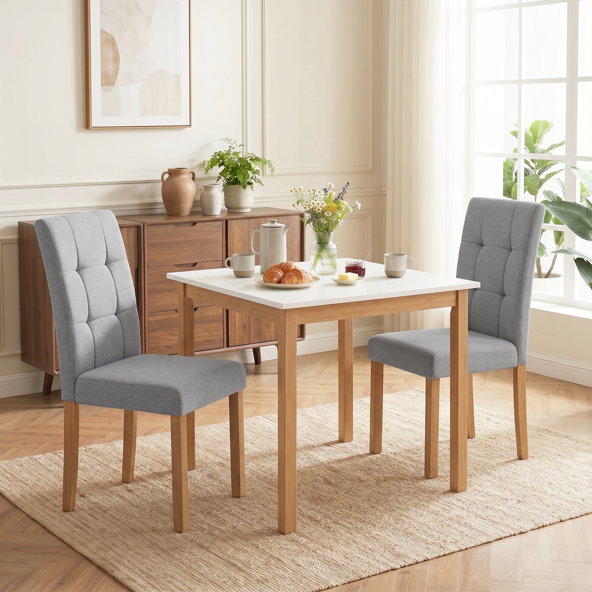 Lot de 2 chaises de salle à manger, chaise de cuisine moderne avec siège rembourré en tissu effet lin, gris clair