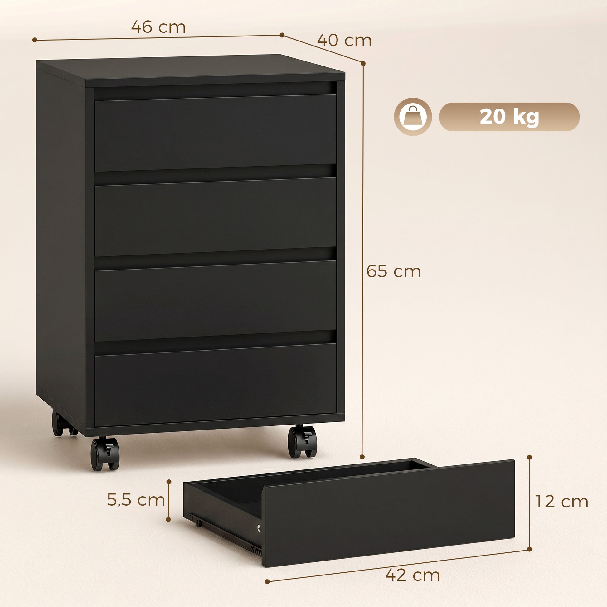 Caisson de bureau rangement bureau sur roulettes 4 tiroirs coulissants en bois aspect bois noir