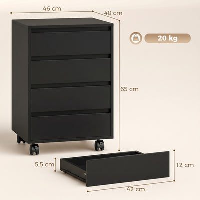 Caisson de bureau rangement bureau sur roulettes 4 tiroirs coulissants en bois aspect bois noir