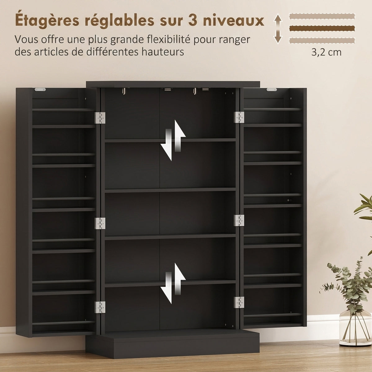Armoire de Cuisine, Buffet Cuisine, avec 2 Portes, 12 Porte-Racks, 5 Compartiments et Étagères Réglables, Noir