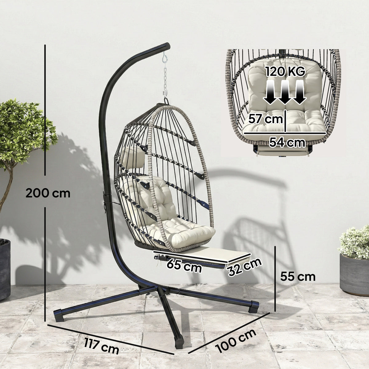 Fauteuil suspendu avec support, chaise suspendue pliante avec repose-pieds rétractable, gris clair