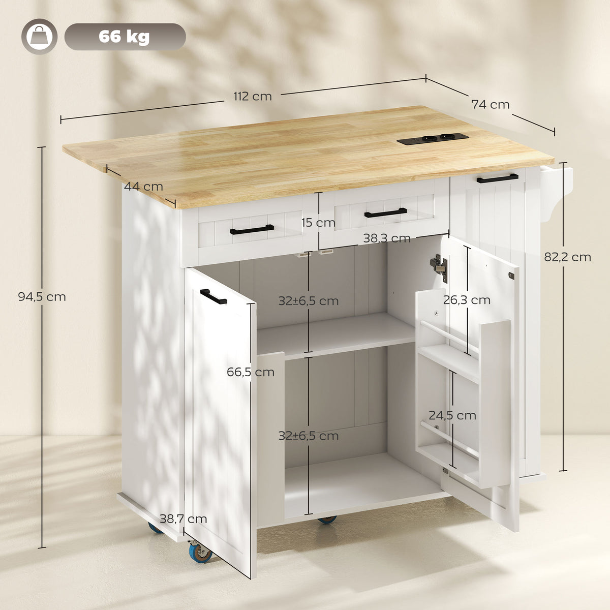 Îlot central cuisine mobile avec prise de courant et port USB, tablette à abattant, étagère réglable blanc