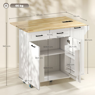 Îlot central cuisine mobile avec prise de courant et port USB, tablette à abattant, étagère réglable blanc