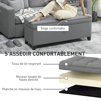 Banc de rangement 112L banquette bout de lit en tissu de lin, siège capitonné, 120 x 40 x 48 cm, gris foncé