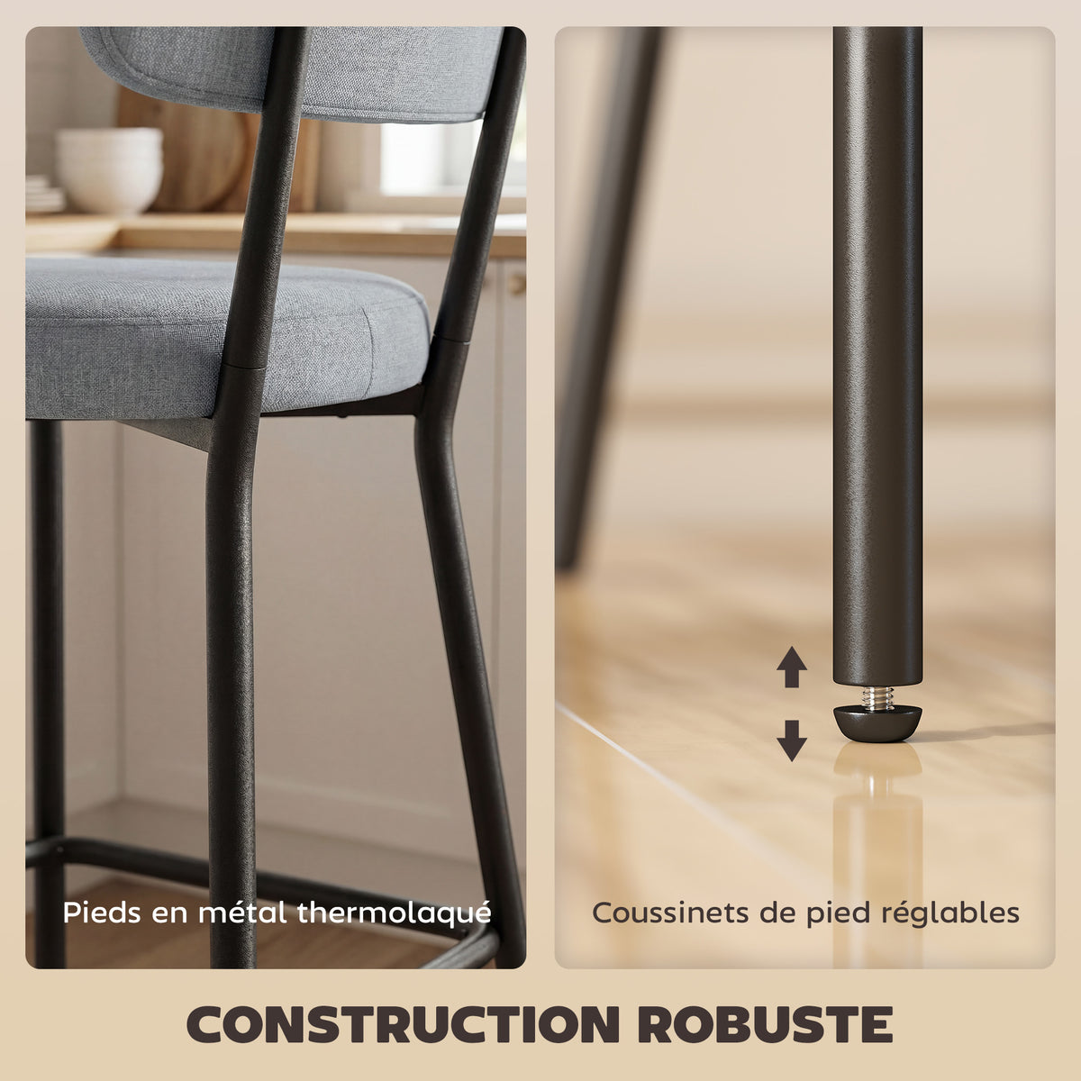 Lot de 2 tabourets de bar, chaises de bar, assise rembourrée, dossier courbé et repose-pieds, 49 x 53 x 93 cm, gris