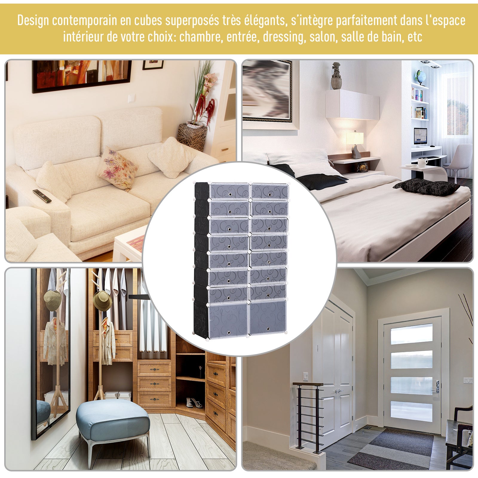 Armoire à Chaussures Modulable Range Chaussures L 95 x l 37 x H 160 cm 14 Cubes rectangulaires et 2 Grands Cubes Noir et Blanc en plastique