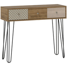 Table console avec 3 tiroirs, table d'entrée étroite avec pieds en épingle à cheveux en acier, 90 x 30 x 75 cm, marron