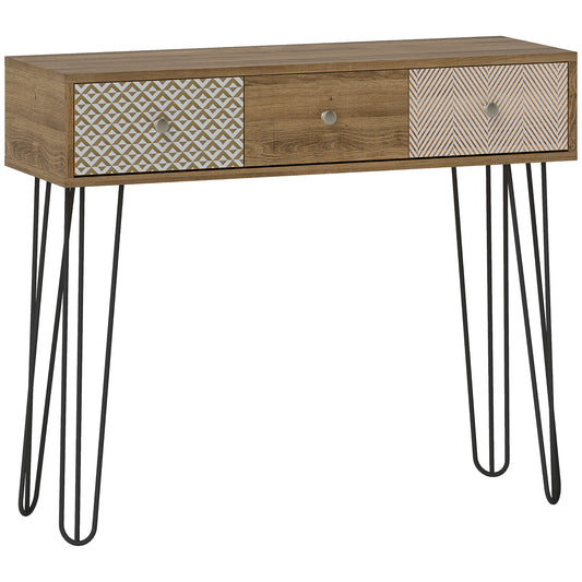 Table console avec 3 tiroirs, table d'entrée étroite avec pieds en épingle à cheveux en acier, 90 x 30 x 75 cm, marron