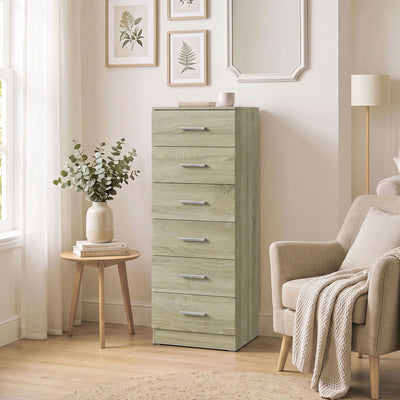Commode 6 Tiroirs, Meuble de Rangement, Style Moderne, pour Chambre à Coucher, Entrée, Couloir, 40x40x110cm, Chêne