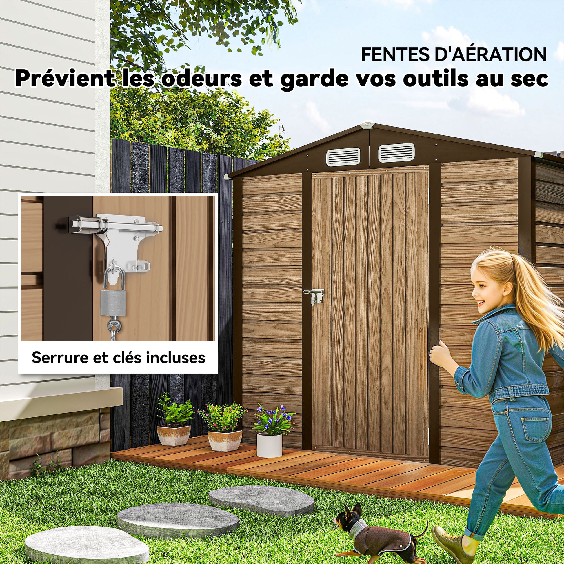 Abri de Jardin 2,27 m² gants inclus porte verrouillable ventilations acier galvanisé 190 x 131 x 188 cm chêne