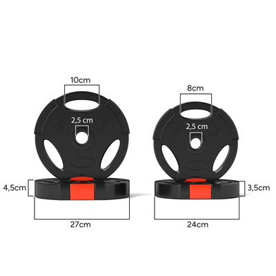 Disques de poids, plaques de poids 2 x 5 kg et 2 x 2,5 kg, à trois poignées avec trous de Ø 25 mm, noir