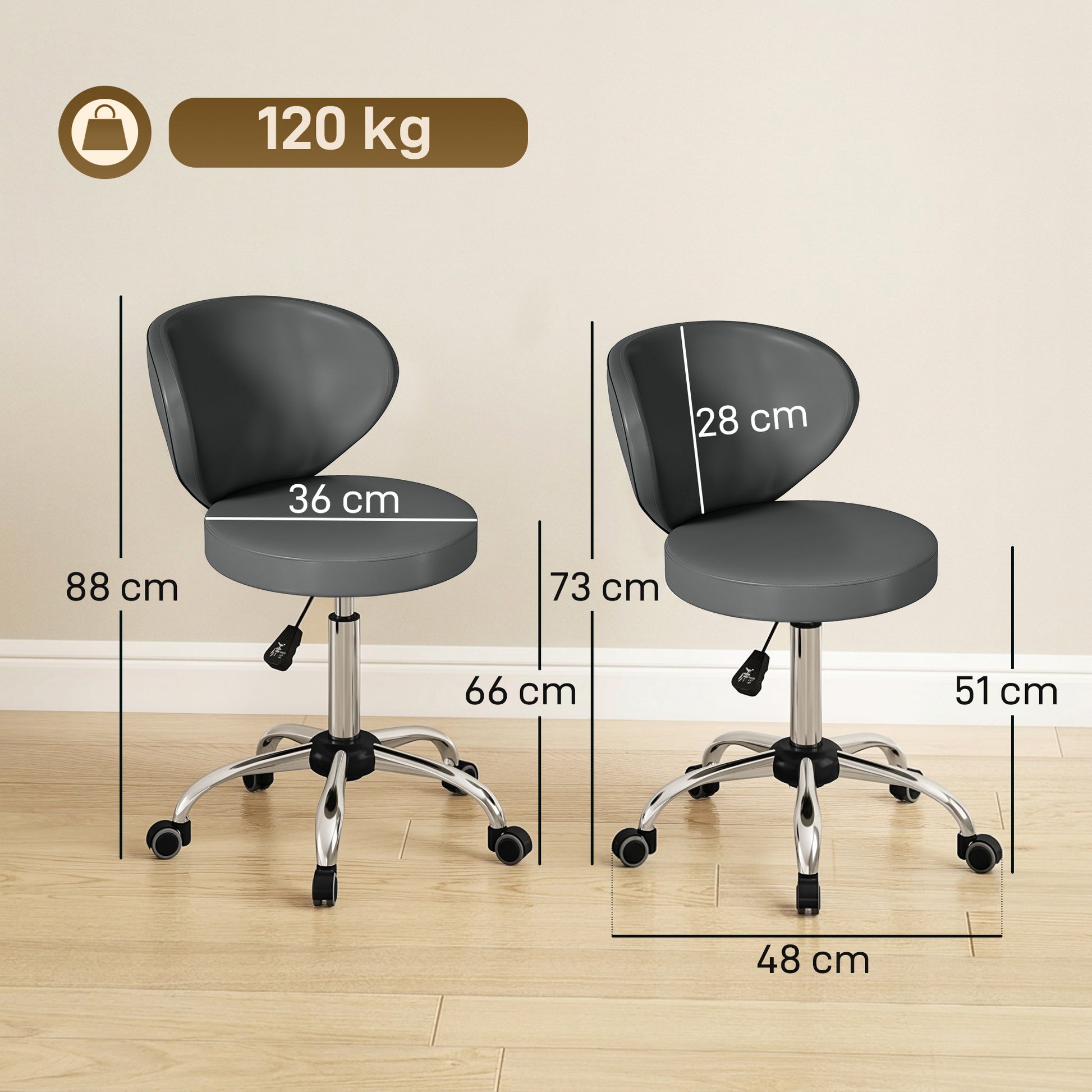 Tabouret à roulettes, tabouret de massage en PU avec hauteur réglable 73-88 cm et dossier, pivotant 360°, gris