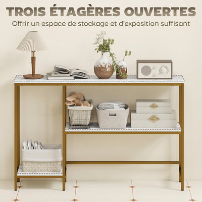 Console meuble 120 cm, table console 3 niveaux avec étagères de rangement, plateaux imitation marbre, blanc et doré