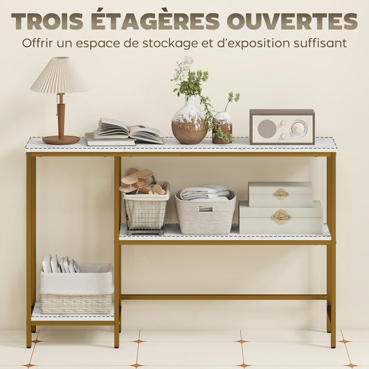 Console meuble 120 cm, table console 3 niveaux avec étagères de rangement, plateaux imitation marbre, blanc et doré