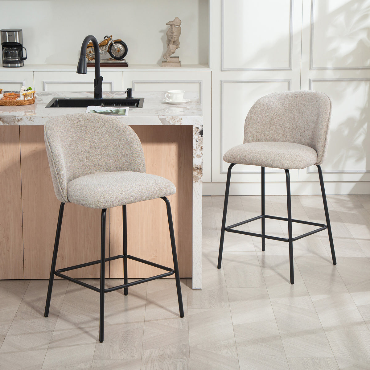 Lot de 2 Tabourets de Bar, Chaises de Bar, Repose-Pieds et Dossier, Tissu Effet Lin, Hauteur d'Assise 68cm, Gris Clair