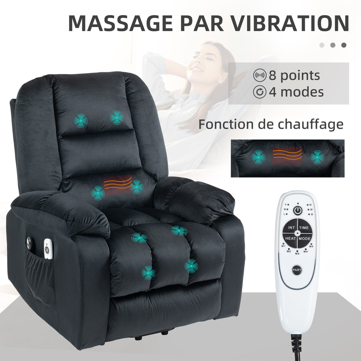 Fauteuil releveur électrique fauteuil de relaxation inclinable 8 points de massage vibrants 85 x 94 x 107 cm noir