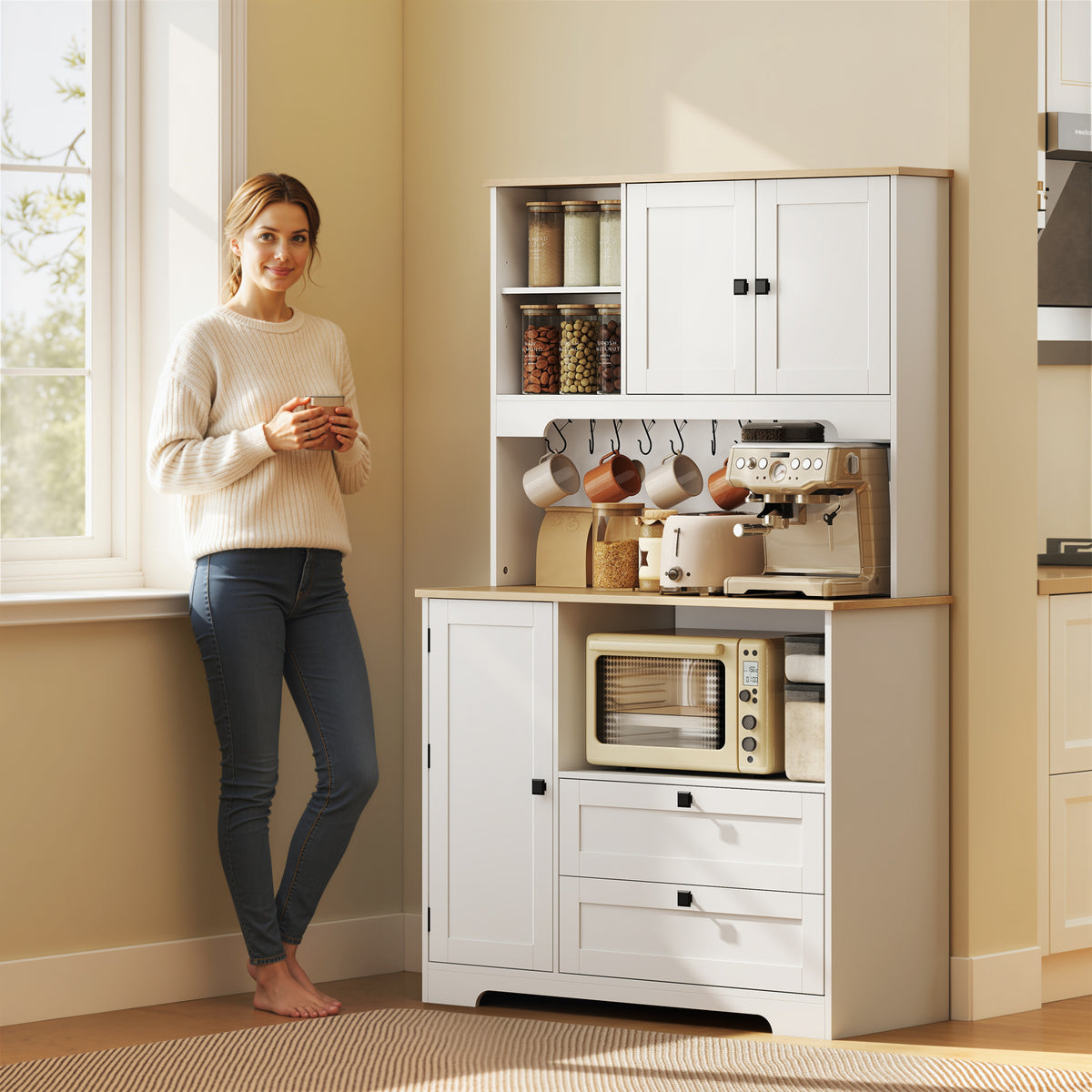 Buffet Haut Cuisine, Armoire Cuisine avec 3 Portes, 2 Tiroirs, Plan de Travail, Compartiments Ouverts, Blanc