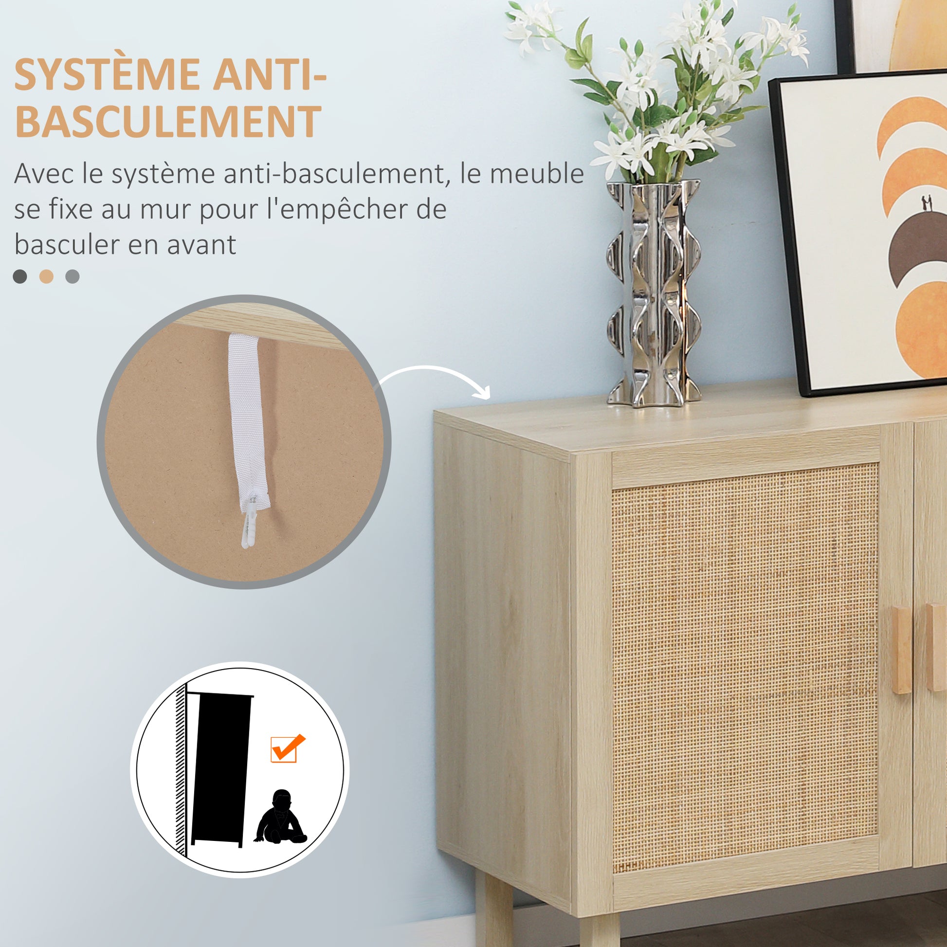 Buffet Meuble de Rangement Placard 3 Portes avec étagère réglable Effet cannage Style bohème - 136 x 41 x 70 cm