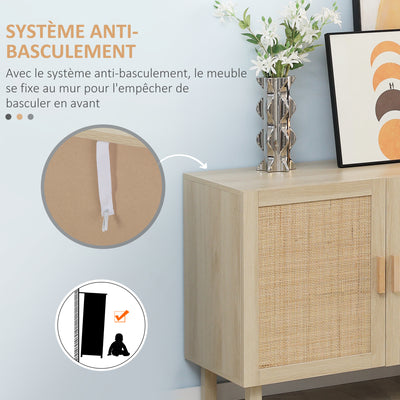 Buffet Meuble de Rangement Placard 3 Portes avec étagère réglable Effet cannage Style bohème - 136 x 41 x 70 cm