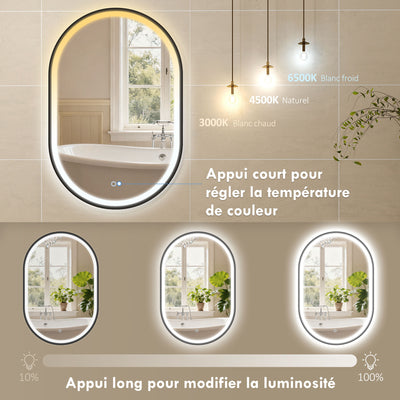 Miroir salle de bain éclairage LED 50x70cm, miroir lumineux salle de bain mural interrupteur tactile, lumière 3 couleurs