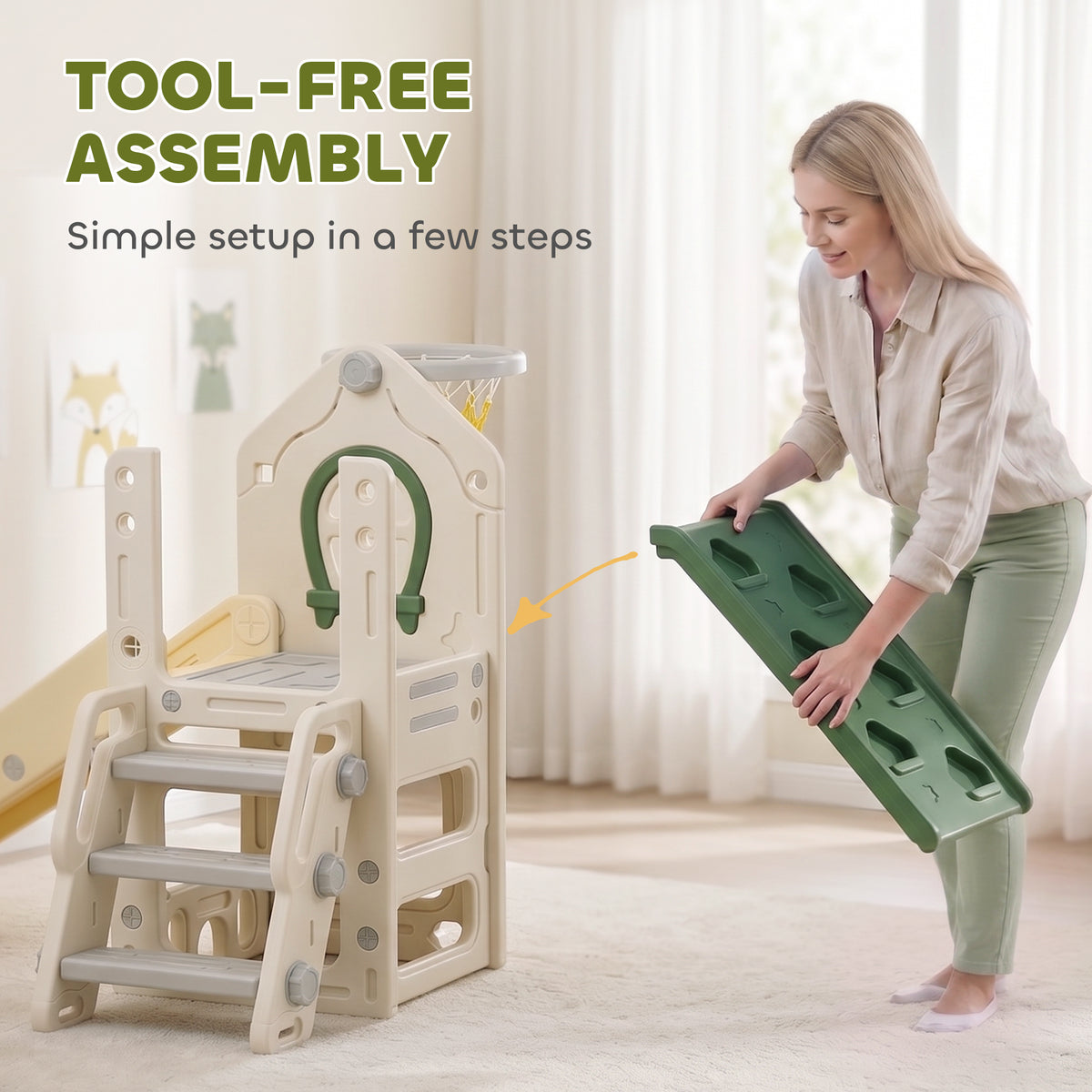 Toboggan pour Enfant Pliable 5-en-1 avec Escalade, Panier de Basket, Espace de Rangement et Ballon, Crème