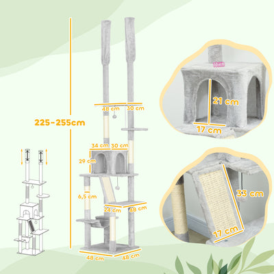 Arbre à chat du sol au plafond griffoir pour chat hauteur réglable 225-255 cm 6 niveaux avec niche hamac gris clair