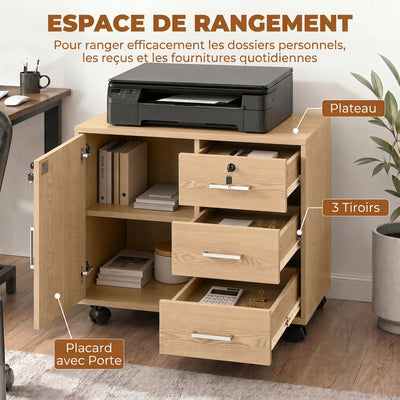 Caisson bureau meuble de rangement verrouillable avec 3 tiroirs et étagère réglable, roulettes, 40 x 60 x 56 cm, marron clair